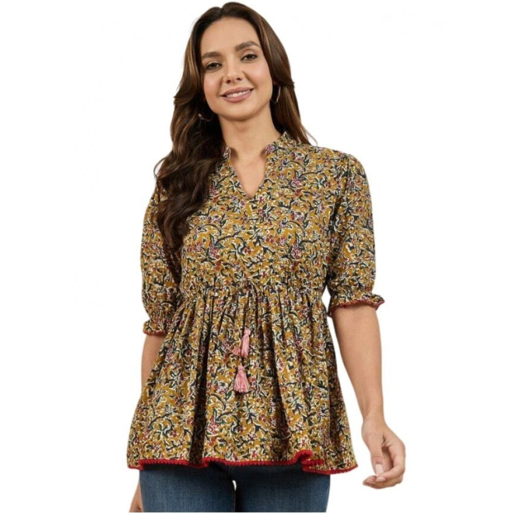 Generic Women's Casual Cotton Floral Printed 3-4th Sleeve Western Wear Top (Mustard)