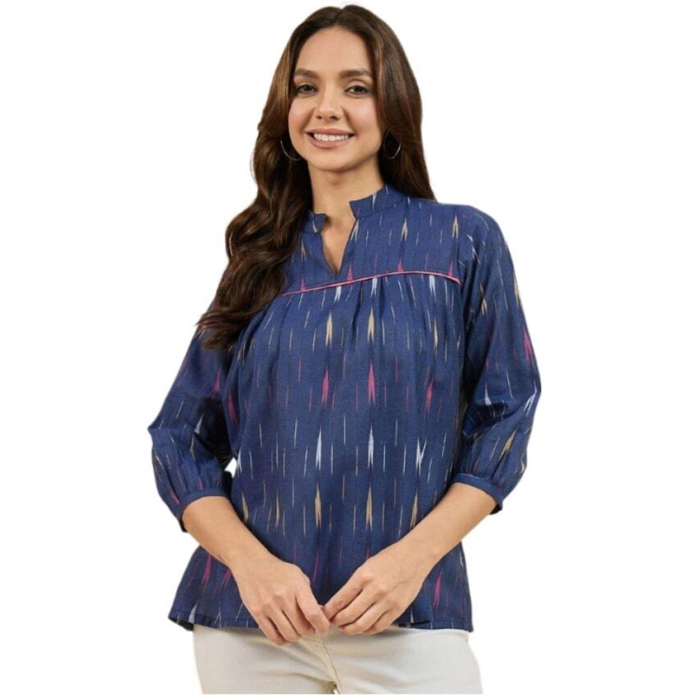 Generic Women's Casual Cotton Self Design 3-4th Sleeve Western Wear Top (Blue)