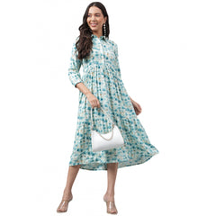 Generic Women's Casual 3-4th Sleeve Printed Georgette Gown (Blue)