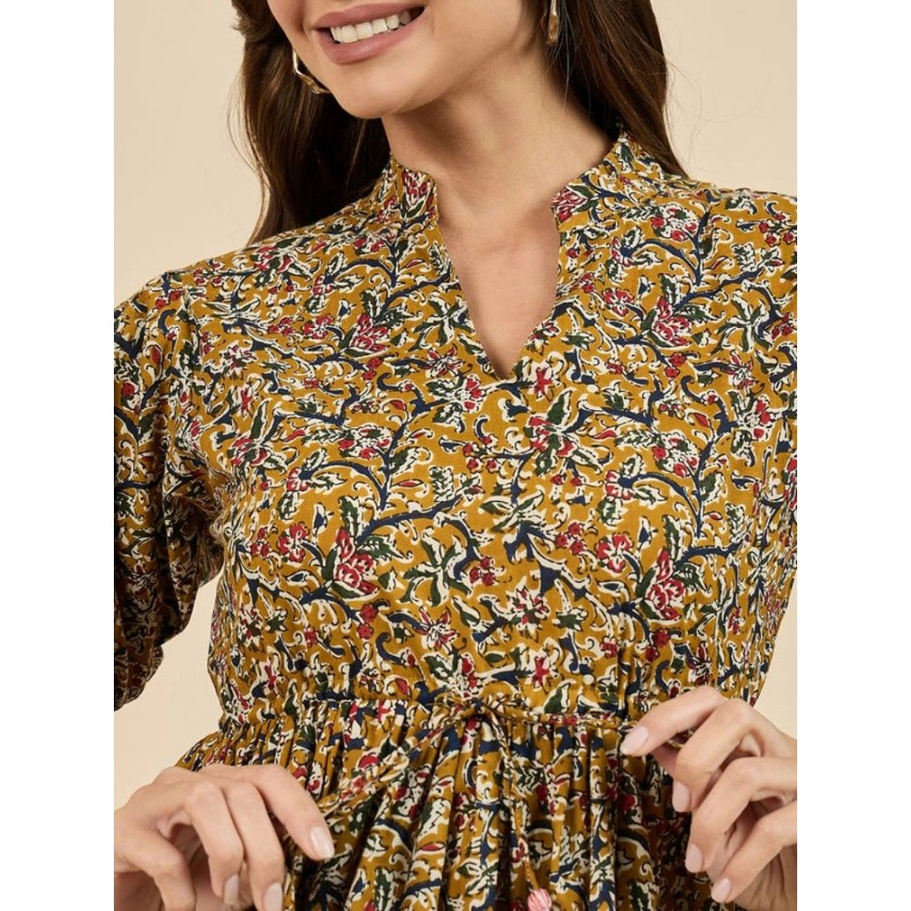 Generic Women's Casual Cotton Floral Printed 3-4th Sleeve Western Wear Top (Mustard)