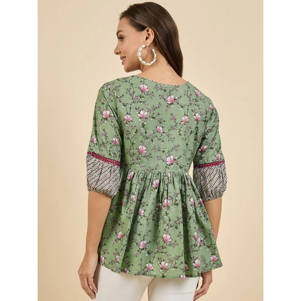 Generic Women's Casual Cotton Floral Printed 3-4th Sleeve Western Wear Top (Green)