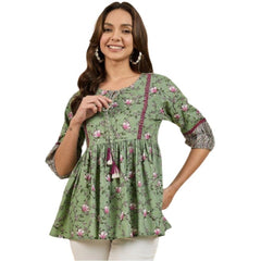 Generic Women's Casual Cotton Floral Printed 3-4th Sleeve Western Wear Top (Green)