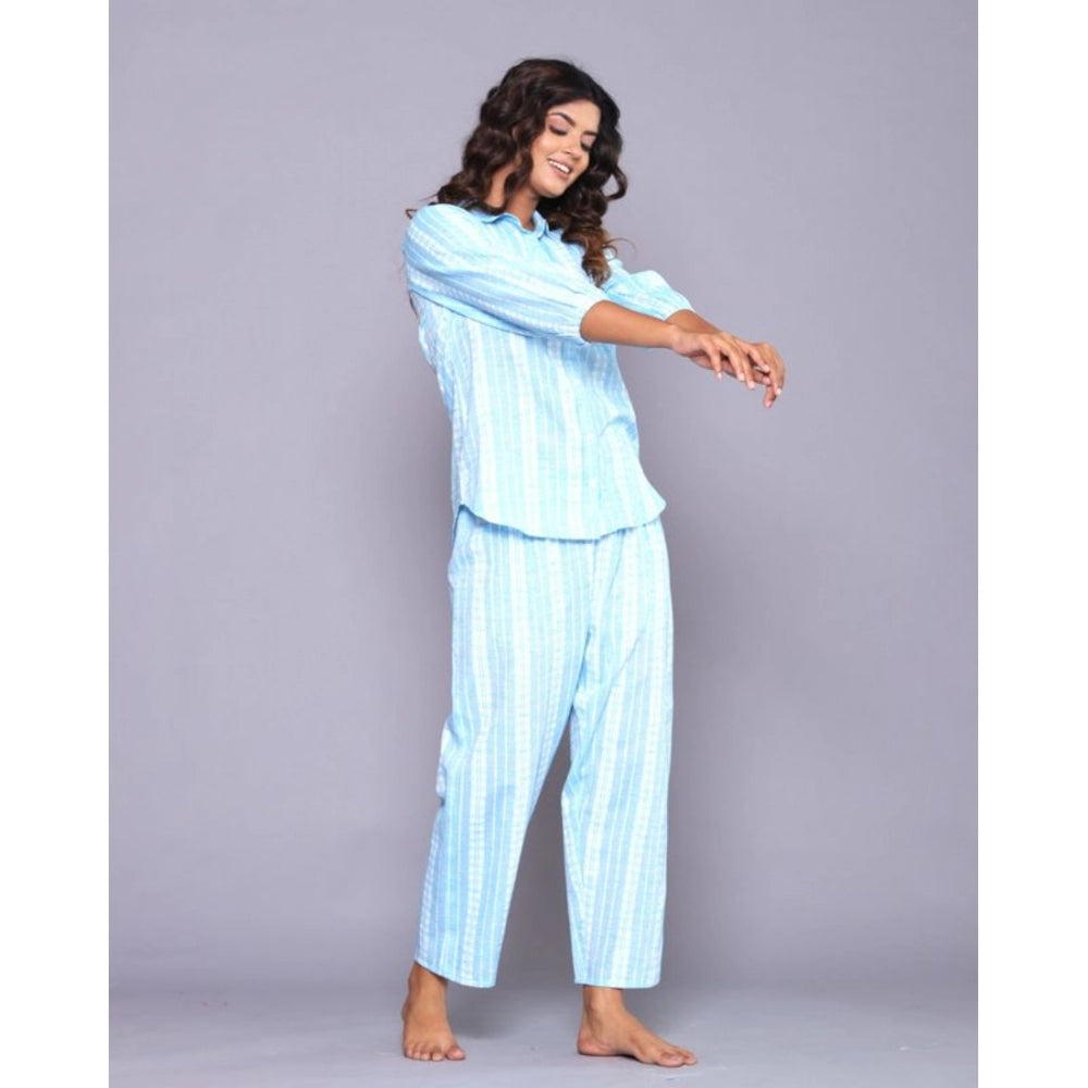 Generic Women's Casual Cotton 3-4th Sleeve Full Night Suit Set (Aqua)