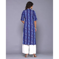 Generic Women's Casual Viscose Rayon 3-4th Sleeve Straight Kurti (Blue)