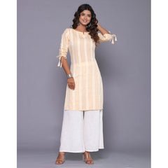 Generic Women's Casual Cotton Blend 3-4th Sleeve Straight Kurti (Yellow)