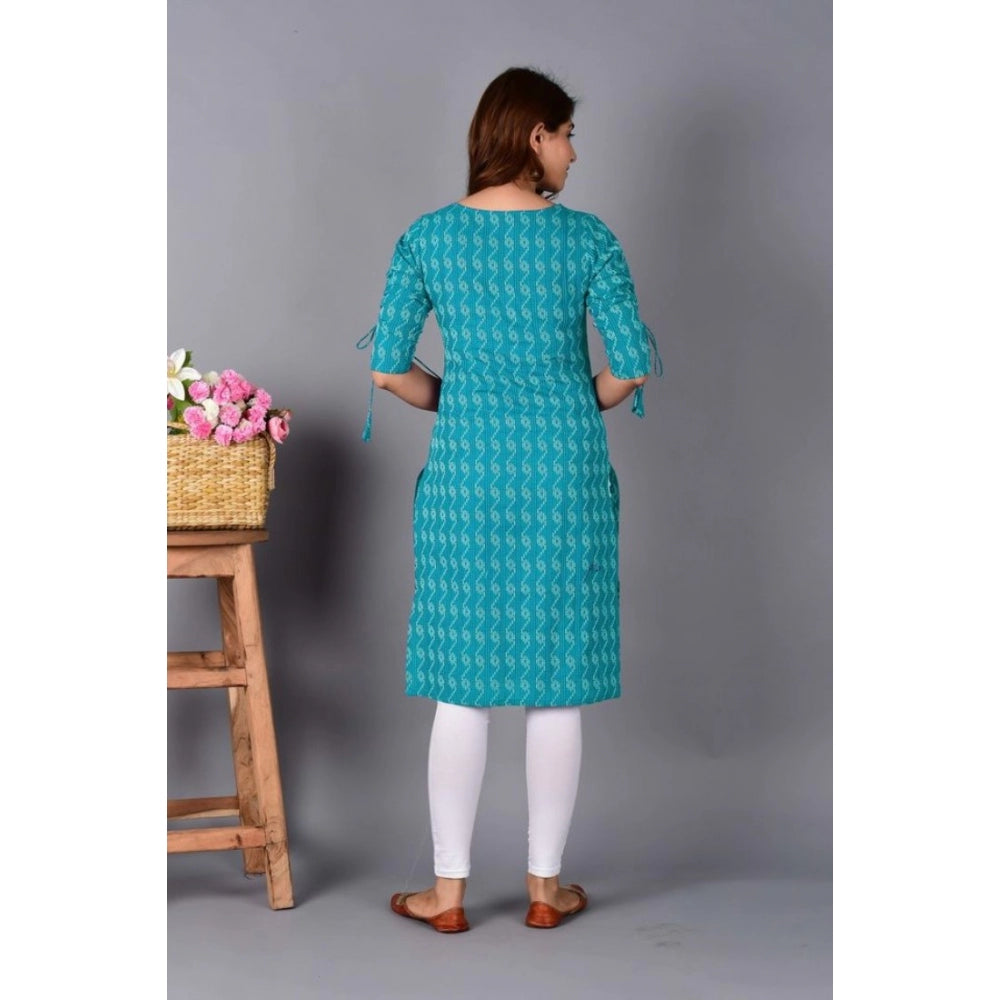 Generic Women's Casual Cotton 3-4th Sleeve Kurti (Aqua Blue)