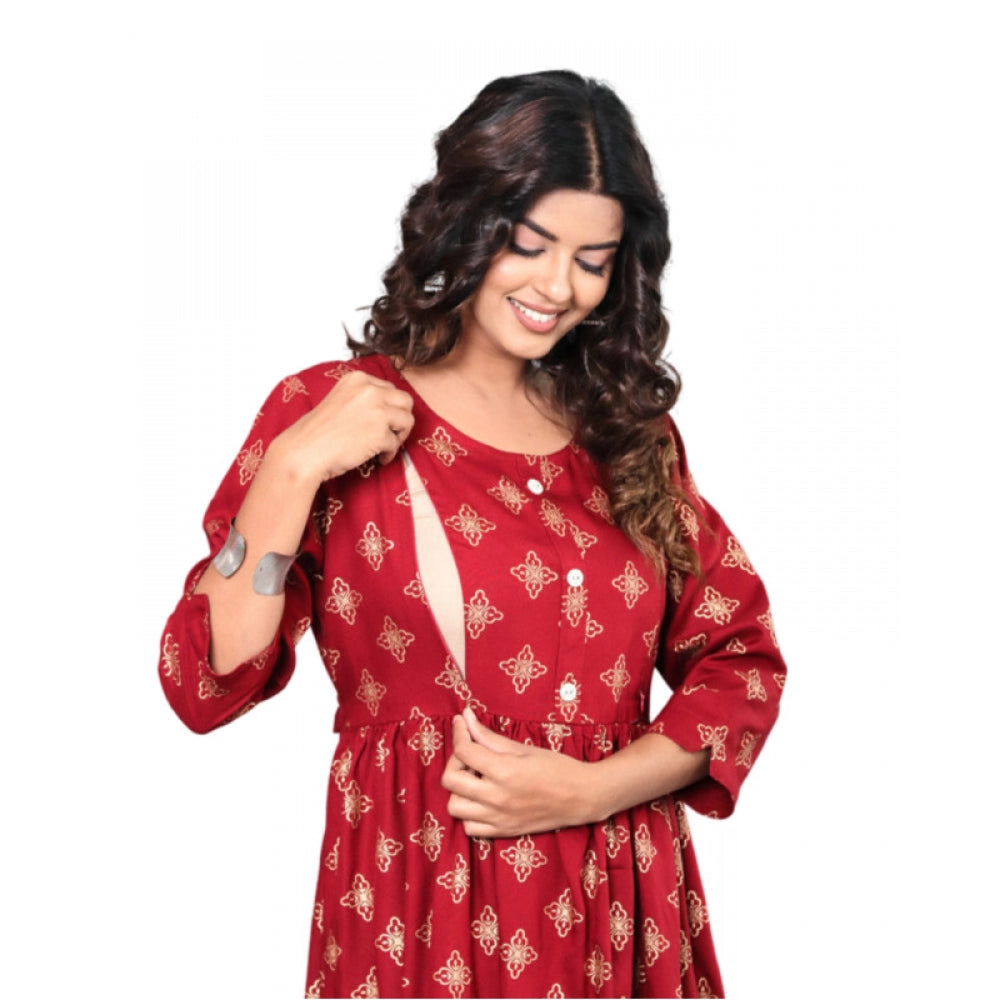 Generic Women's Casual Viscose Rayon 3-4th Sleeve Maternity Kurti (Maroon)