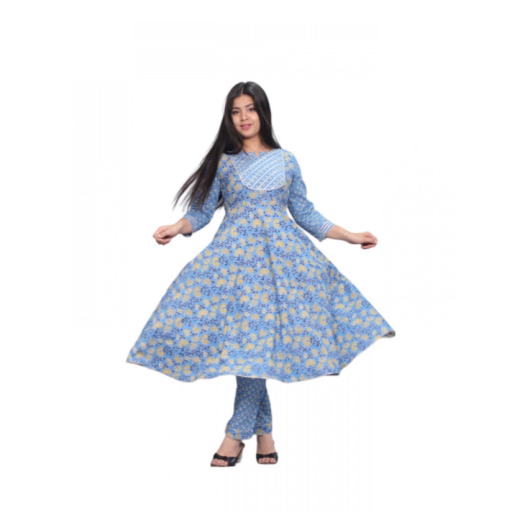 Generic Women's Casual Cotton 3-4th Sleeve Kurti Palazzo Set (Blue)