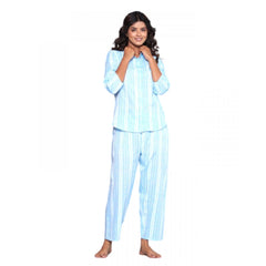 Generic Women's Casual Cotton 3-4th Sleeve Full Night Suit Set (Aqua)