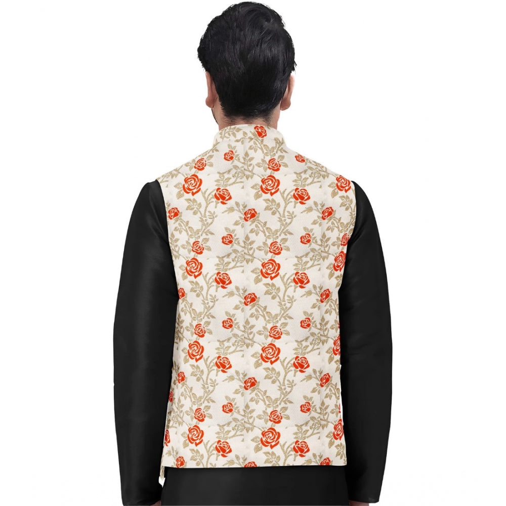 Generic Men's Jacquard Printed Full Sleeve Waistcoat (Orange-Beige)