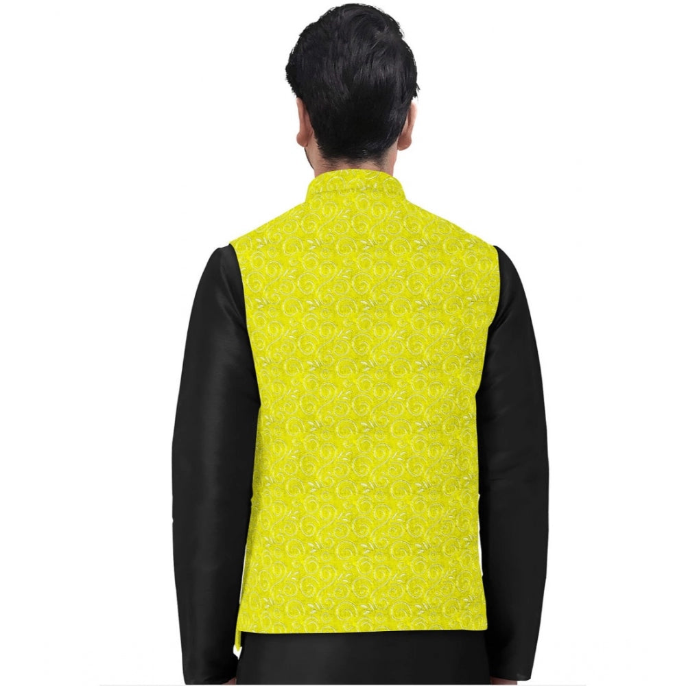 Generic Men's Jacquard Printed Full Sleeve Waistcoat (Yellow-Black)