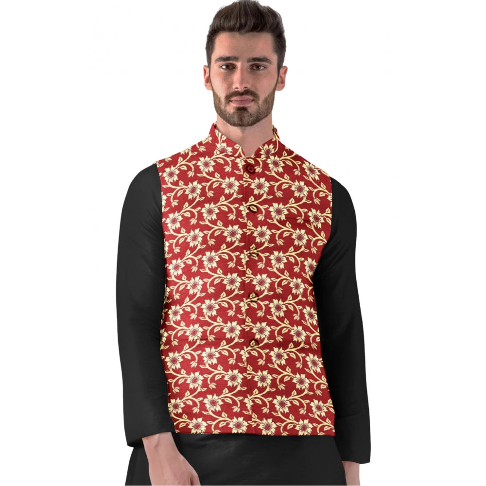 Generic Men's Jacquard Printed Full Sleeve Waistcoat (Red)