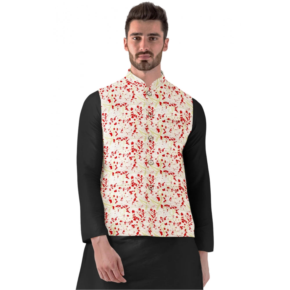 Generic Men's Jacquard Printed Full Sleeve Waistcoat (Red-Beige)