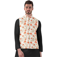 Generic Men's Jacquard Printed Full Sleeve Waistcoat (Orange-Beige)