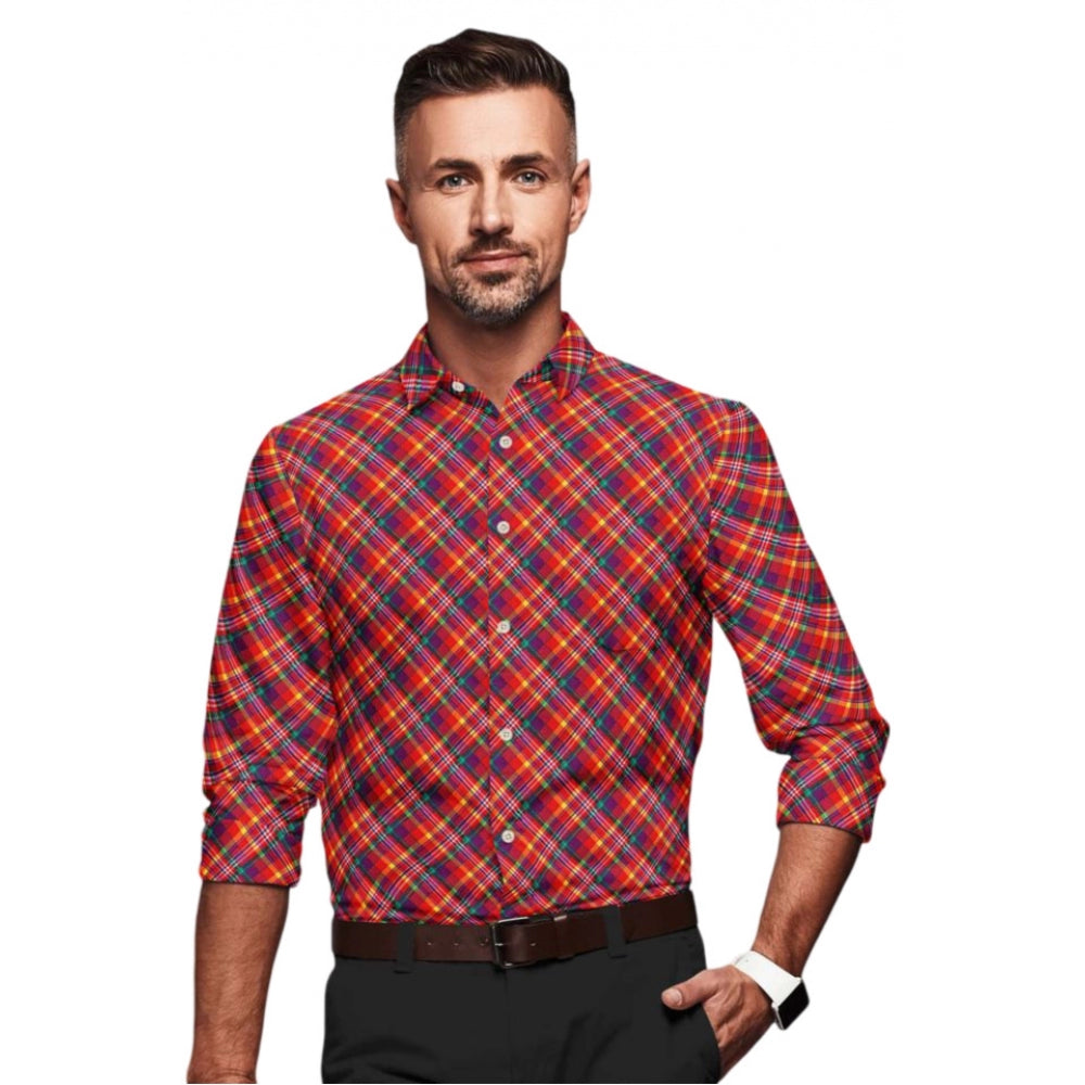 Generic Men's Cotton Blended Checked Full Sleeve Shirt (Red)