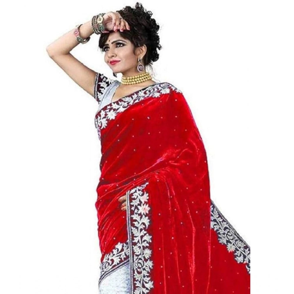 Generic Women's Velvet Embroidered Saree With Unstitched Blouse (Red, 5.5 Mtr)