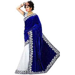 Generic Women's Velvet Embroidered Saree With Unstitched Blouse (Blue, 5.5 Mtr)