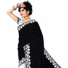 Generic Women's Velvet Embroidered Saree With Unstitched Blouse (Black, 5.5 Mtr)