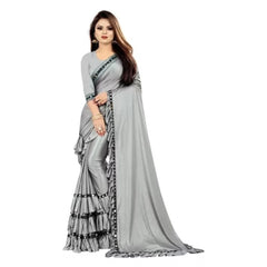 Generic Women's Malai Lining Solid Saree With Unstitched Blouse (Grey, 5.5 Mtr)