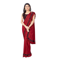 Generic Women's Lycra Solid Saree With Unstitched Blouse (Red, 5.5 Mtr)