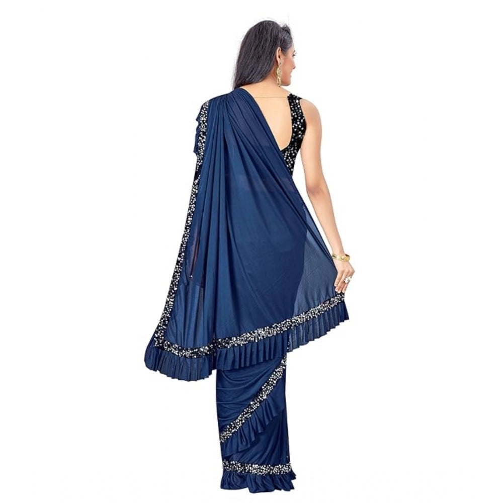 Generic Women's Lycra Solid Saree With Unstitched Blouse (Nay Blue, 5.5 Mtr)