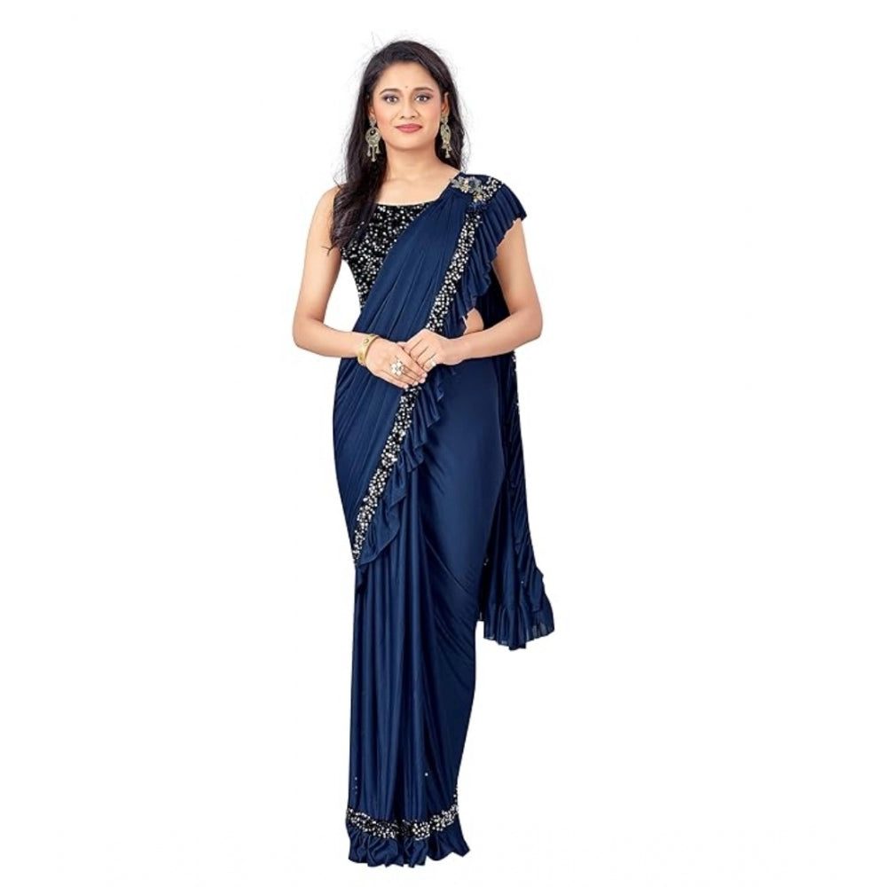 Generic Women's Lycra Solid Saree With Unstitched Blouse (Nay Blue, 5.5 Mtr)