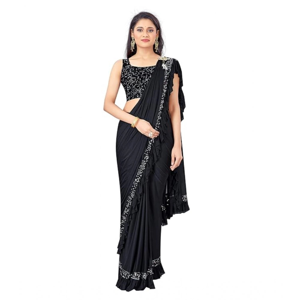 Generic Women's Lycra Solid Saree With Unstitched Blouse (Black, 5.5 Mtr)