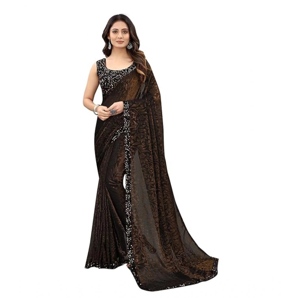 Generic Women's Lycra Floral Saree With Unstitched Blouse (Brown, 5.5 Mtr)