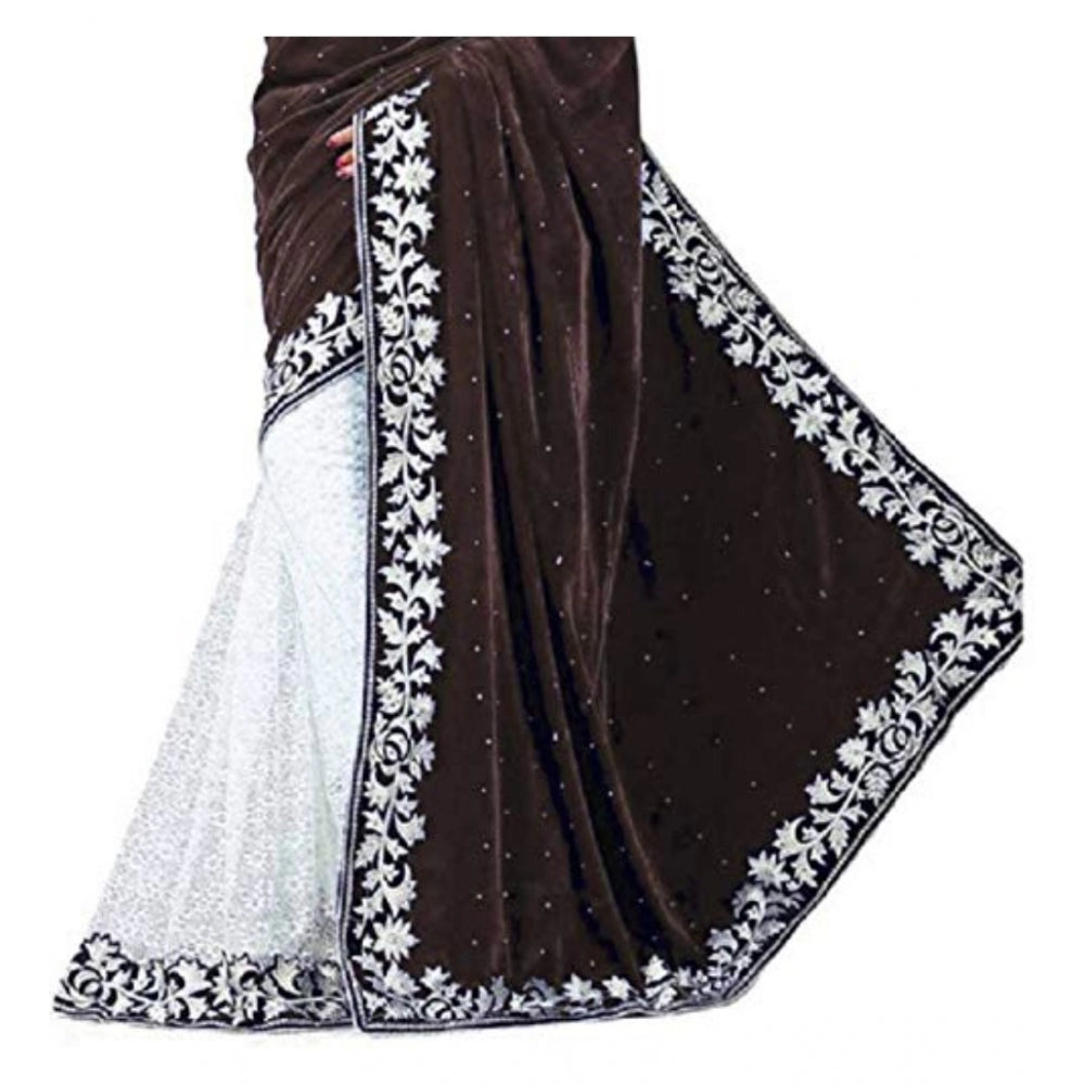 Generic Women's Velvet Embroidered Saree With Unstitched Blouse (Brown, 5.5 Mtr)