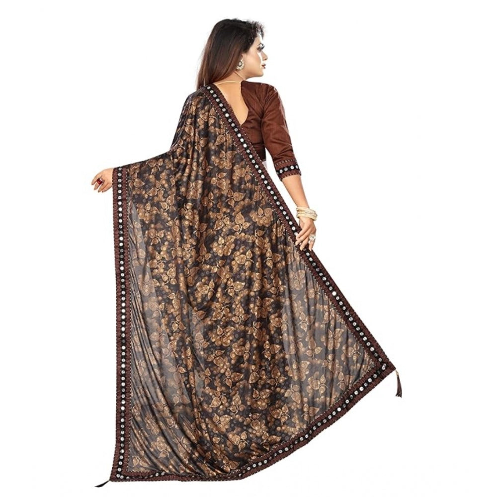 Generic Women's Lycra Solid Saree With Unstitched Blouse (Brown, 5.5 Mtr)