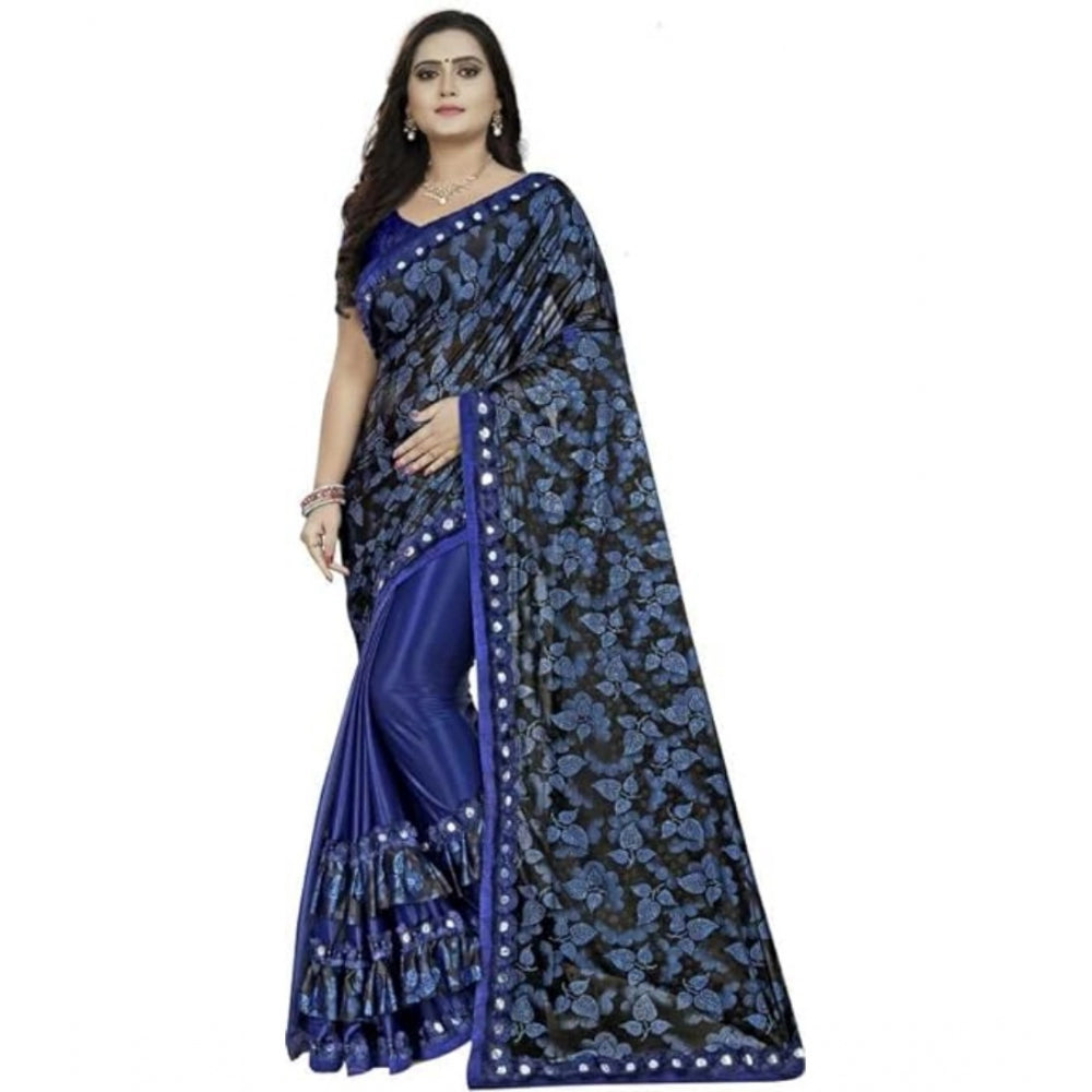 Generic Women's Lycra Solid Saree With Unstitched Blouse (Blue, 5.5 Mtr)