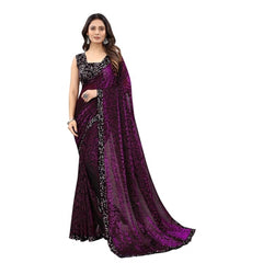 Generic Women's Lycra Floral Saree With Unstitched Blouse (Wine, 5.5 Mtr)