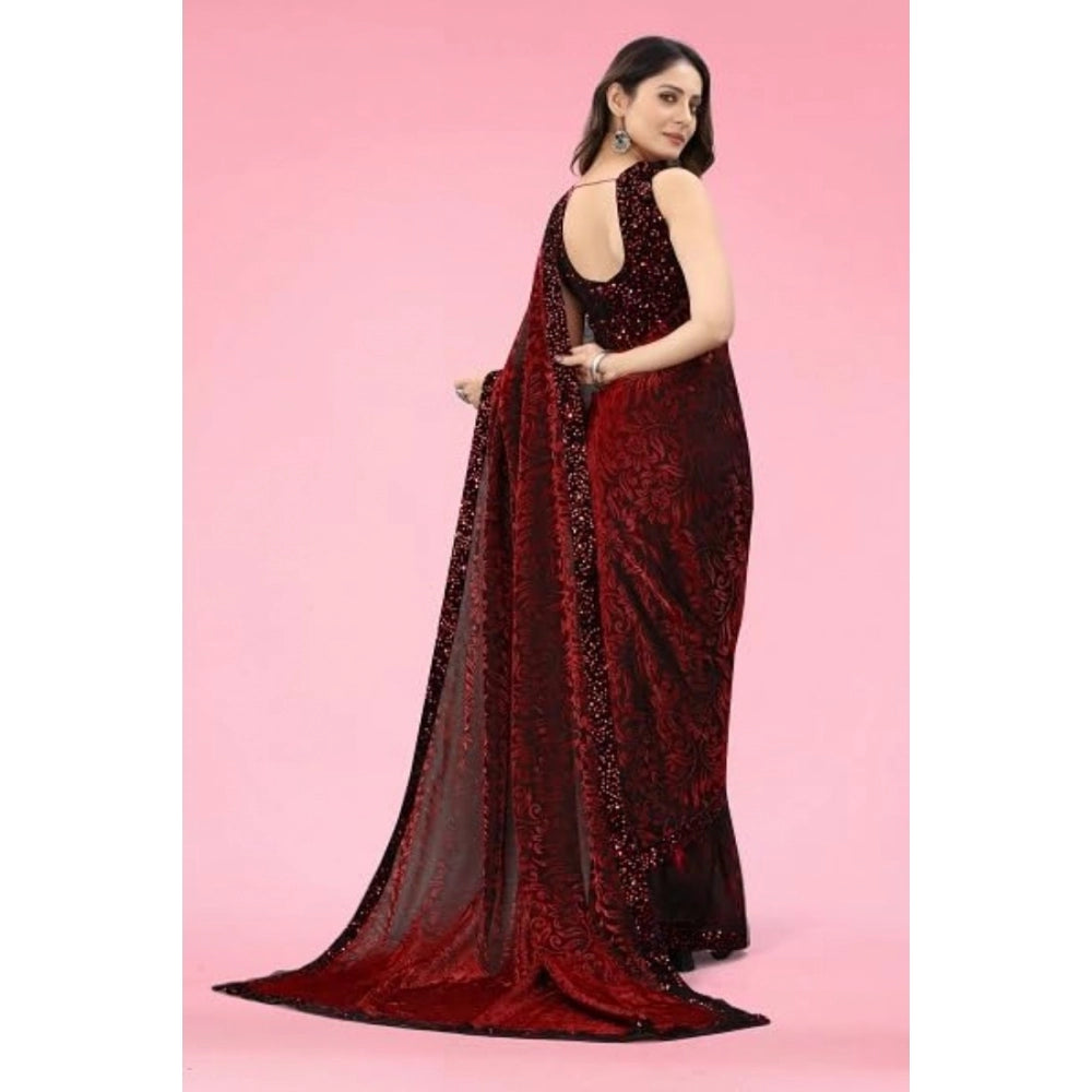 Generic Women's Lycra Floral Saree With Unstitched Blouse (Maroon, 5.5 Mtr)