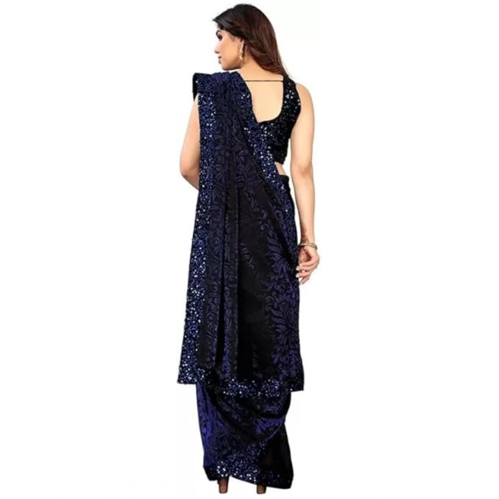 Generic Women's Lycra Floral Saree With Unstitched Blouse (Blue, 5.5 Mtr)