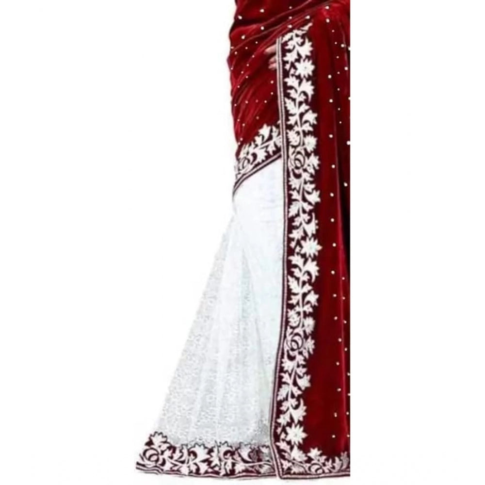 Generic Women's Velvet Embroidered Saree With Unstitched Blouse (Maroon, 5.5 Mtr)