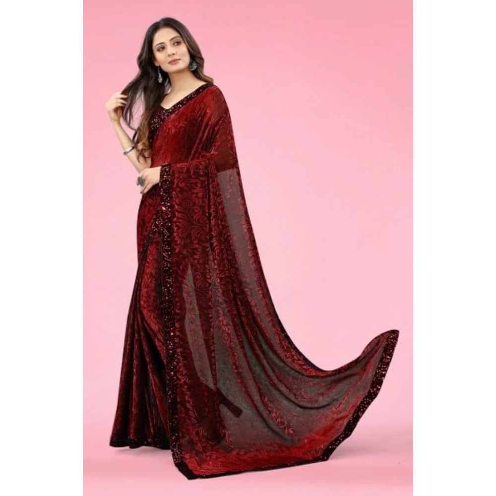 Generic Women's Lycra Floral Saree With Unstitched Blouse (Maroon, 5.5 Mtr)