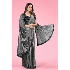 Generic Women's Lycra Floral Saree With Unstitched Blouse (Grey, 5.5 Mtr)