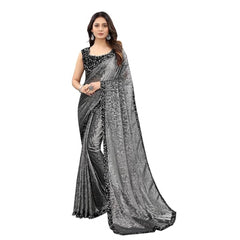 Generic Women's Lycra Floral Saree With Unstitched Blouse (Grey, 5.5 Mtr)