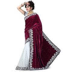 Generic Women's Velvet Embroidered Saree With Unstitched Blouse (Maroon, 5.5 Mtr)