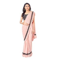 Generic Women's Lycra Solid Saree With Unstitched Blouse (Peach, 5.5 Mtr)