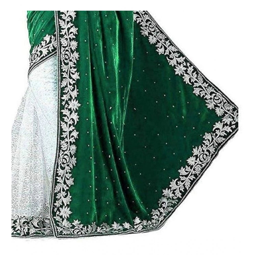 Generic Women's Velvet Embroidered Saree With Unstitched Blouse (Green, 5.5 Mtr)