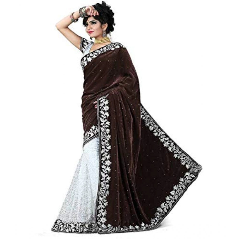 Generic Women's Velvet Embroidered Saree With Unstitched Blouse (Brown, 5.5 Mtr)