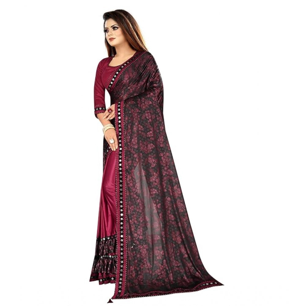 Generic Women's Lycra Solid Saree With Unstitched Blouse (Maroon, 5.5 Mtr)