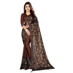 Generic Women's Lycra Solid Saree With Unstitched Blouse (Brown, 5.5 Mtr)