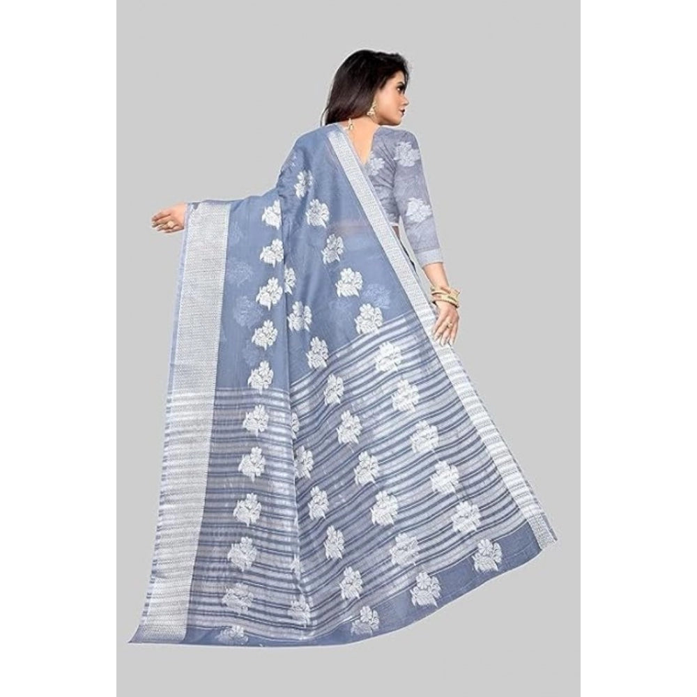 Generic Women's Cotton Silk Floral Saree With Unstitched Blouse (Grey, 5.5 Mtr)