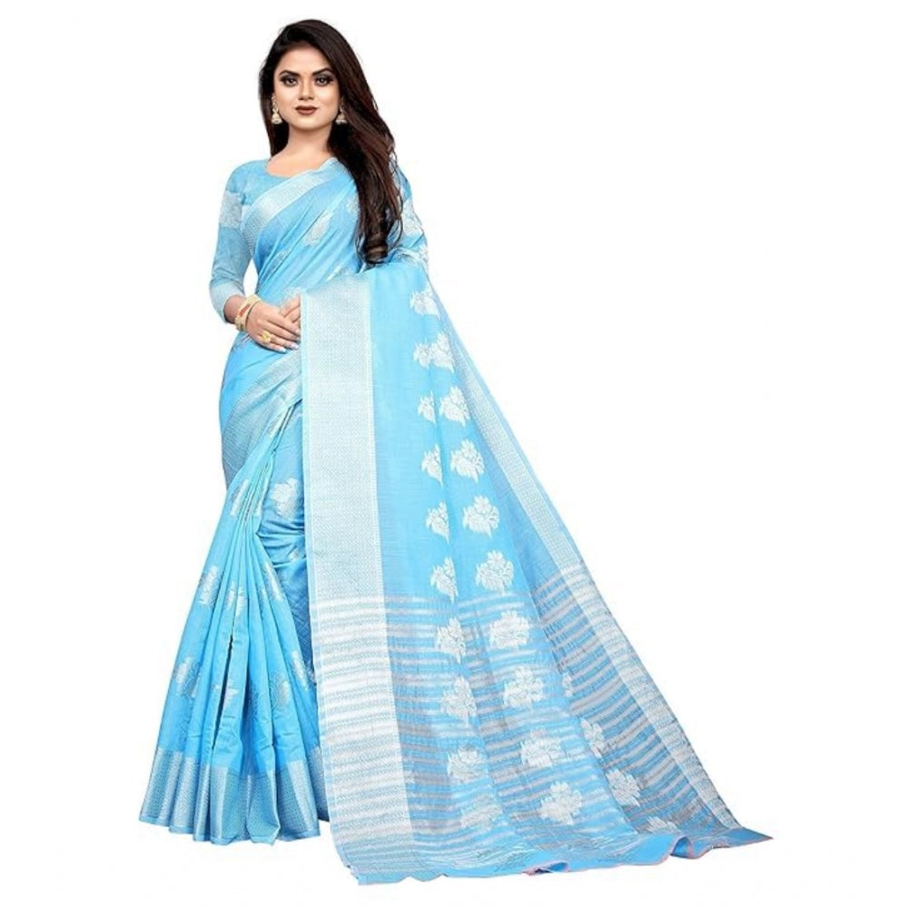 Generic Women's Cotton Silk Floral Saree With Unstitched Blouse (Rama, 5.5 Mtr)