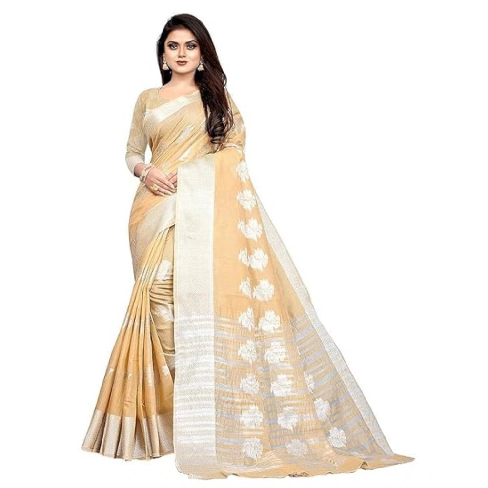 Generic Women's Cotton Silk Floral Saree With Unstitched Blouse (Beige, 5.5 Mtr)