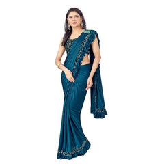 Generic Women's Lycra Solid Saree With Unstitched Blouse (Rama, 5.5 Mtr)