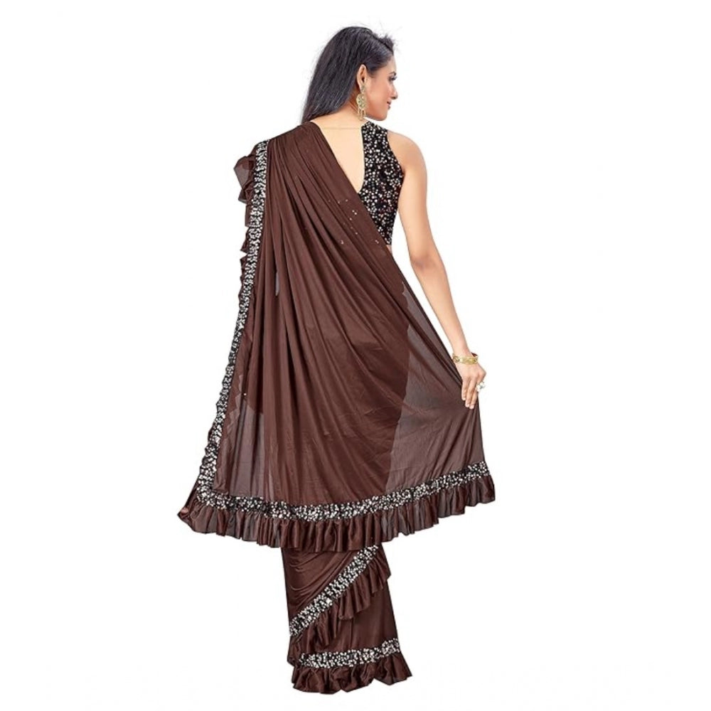 Generic Women's Lycra Solid Saree With Unstitched Blouse (Brown, 5.5 Mtr)