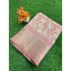 Generic Women's Cotton Blend Printed Saree With Unstitched Blouse (Peach, 5-5 Mtrs)